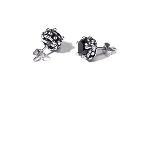 Single Accent Men Stud Earring Stainless Steel 9mm Black Round CZ Stud Earrings - Picture 2 of 4